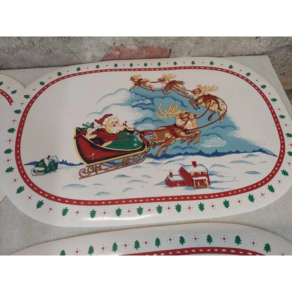 Christmas Holiday Placemats Santa Reindeer Sleigh Flying Winter Set 4 Oval 17